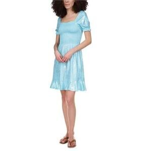 Michael Kors Women's Blue Foil-Print Smocked Ruffle Peasant Mini Dress Size XS